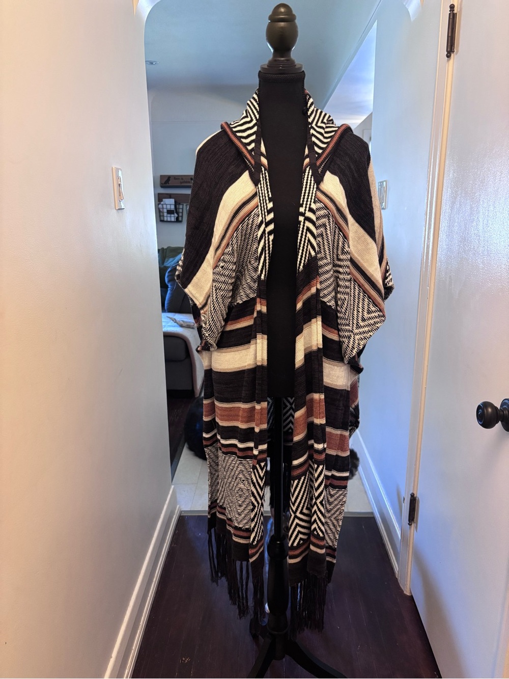 Striped Fringe Open-Front Cardigan Wrap - Black, Cream & Brown
